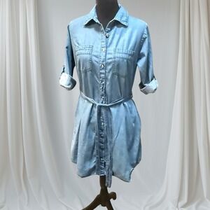 Speed Limit MPH Denim Shirt Dress Womens Large Blue Belted Chambray Button Front